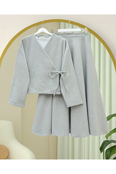 Modamorfo Cashmere Kimono Set with Tie-Front Skirt - Gray