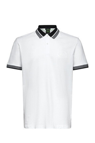BOSS Erkek Normal Kalıp %100 Pamuklu Logo İşlemeli Kısa Kollu Beyaz Polo Yaka...