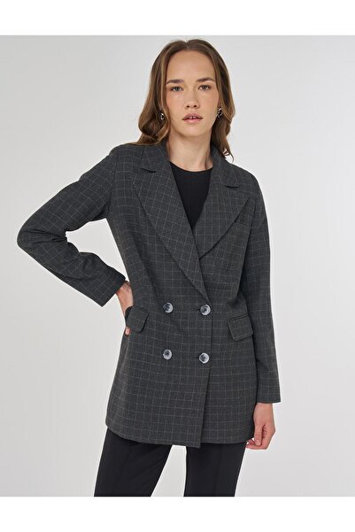 Kayra Plaid Pattern Blazer Jacket Smoked