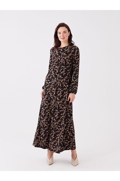 LC Waikiki Gemustertes, langärmliges Damenkleid mit Rundhalsausschnitt