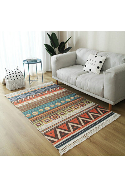 HALAMODO Bohemian Fringed Carpet made of Soft Touch Hand-Woven Cotton And Linen, Multicolour, 200x140cm