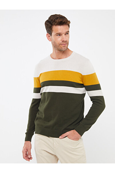LC Waikiki Khaki Crew Neck Long Sleeve Color Block Men's Knitwear Sweater