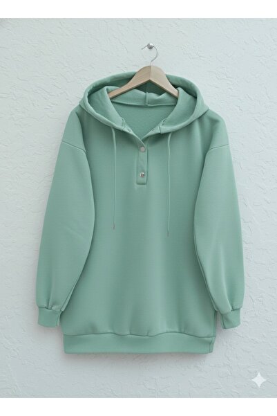 Modamorfo Hooded Fleece-Lined Three Thread Sweat with Snap Fasteners on the Collar - Water Green