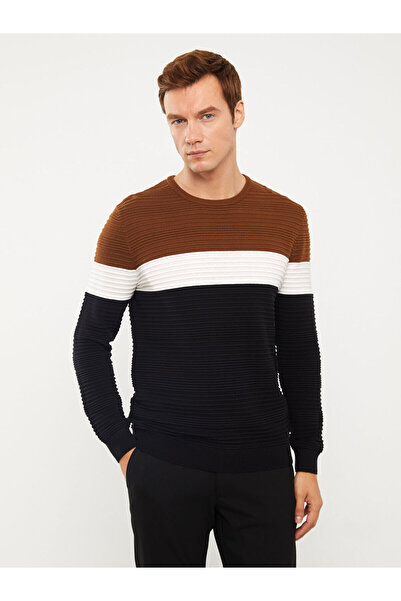 LC Waikiki Beige Crew Neck Long Sleeve Color Block Men's Knitwear Sweater