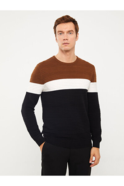 LC Waikiki Beige Crew Neck Long Sleeve Color Block Men's Knitwear Sweater