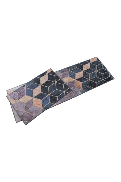 HALAMODO Marble Printed Floor Mat Set in Black, Blue, and Beige