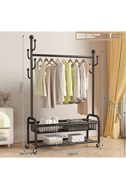 POWER رف ملابس دوار متحرك بقاعدة على شكل حرف U مزدوج القضيب مع سلال تخزين مزدوجة (100 سم)