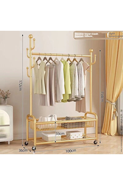 POWER رف ملابس دوار متحرك بقاعدة على شكل حرف U مزدوج القضيب مع سلال تخزين مزدوجة؟ (100 سم)