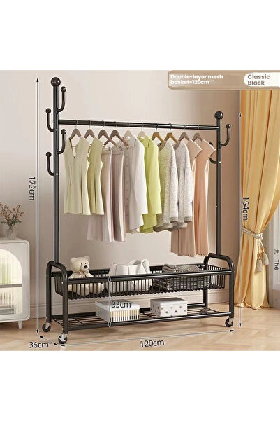 POWER رف ملابس دوار متحرك بقاعدة على شكل حرف U بقضيب مزدوج مع سلال تخزين مزدوجة (120)