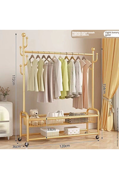 POWER رف ملابس دوار متحرك بقاعدة على شكل حرف U بقضيب مزدوج مع سلال تخزين مزدوجة (120)