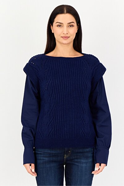 PROMOD Women Crew Neck Crochet Sweater, Navy