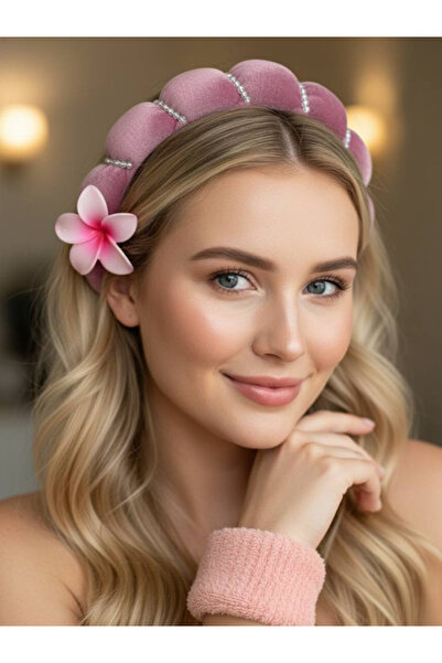 NO BRAND Pink velvet hairband set + wrist tie + decorative hair clip – luxuri...