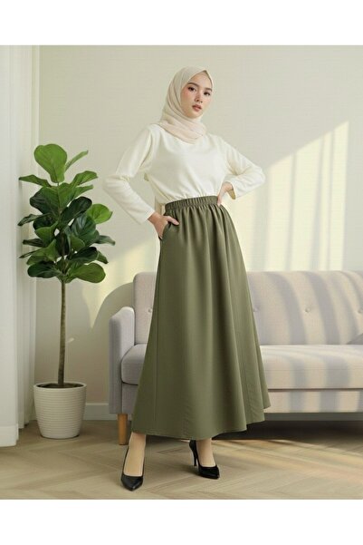Modamorfo Parachute Skirt with Elastic Waist and Pockets - Khaki