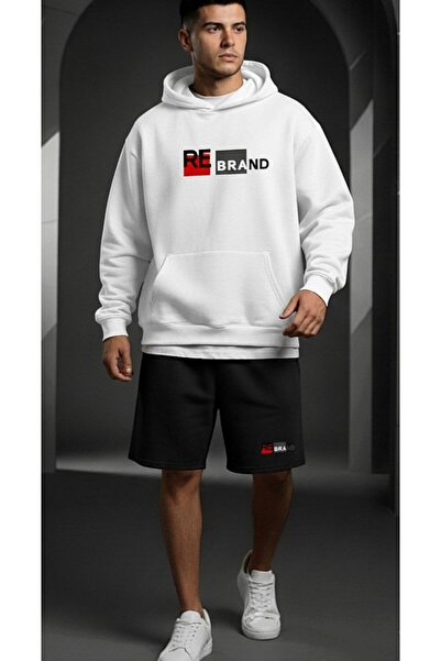 REBRAND Fleece-Lined Sweatpants Shorts Set Printed Oversized Hooded Sweatshirt Thick 3 Yarn