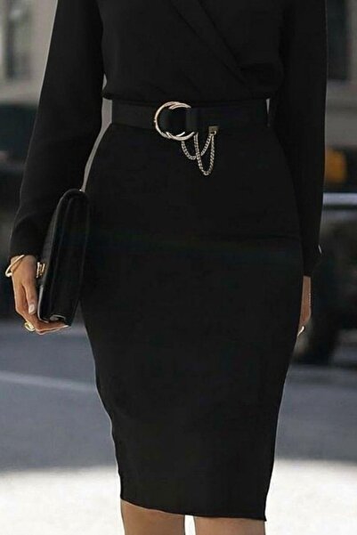 Mossta Double-Breasted Collar Pencil Crepe Dress - Black