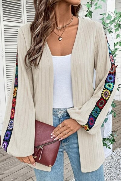 Mossta Μπροστινό ανοιχτό πλεκτό μπουφάν με λεπτομέρεια επένδυση fleece πλέξη ριμπ - Μπεζ