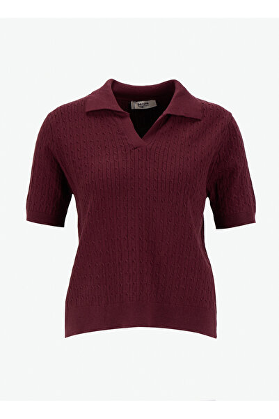 People By Fabrika Gömlek Yaka Basic Düz Bordo Kazak Kadın PBF5WL-KZK9526