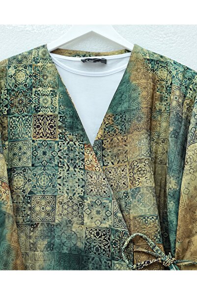 Modamorfo Patterned Quilted Kimono with Tie-Waist Pockets - Khaki