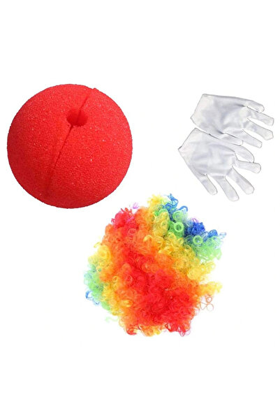 shopwave باروكة مهرج ملونة، قفازات بيضاء، إسفنجة حمراء، أنف مهرج، مجموعة 3 قطع