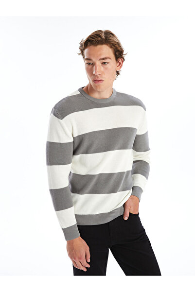 LC Waikiki Men's Knitwear Sweater - Gray, Crew Neck, Long Sleeve, Color Block