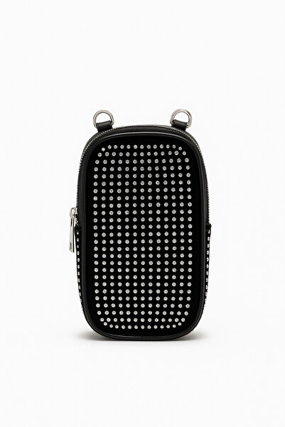 Global Taş Detaylı Zincir Askılı Mini Kadın Çanta – Siyah Işıltılı Telefon Çantası