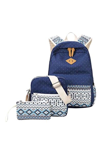 HALAMODO 3-Piece Canvas Dot Backpack Blue/White
