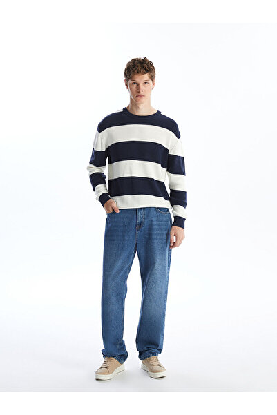 LC Waikiki Indigo Crew Neck Long Sleeve R Color Block Men's Knitwear Sweater