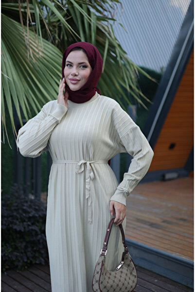 NEW DAĞ Μακρύ φόρεμα με ριγέ πλεκτό ύφασμα με ζώνη