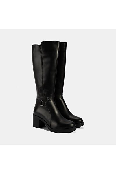 Desa Women's Black Thick Heeled Leather Boots