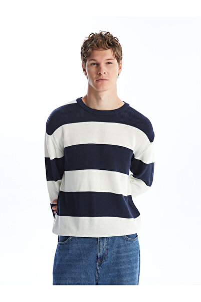 LC Waikiki Indigo Crew Neck Long Sleeve R Color Block Men's Knitwear Sweater