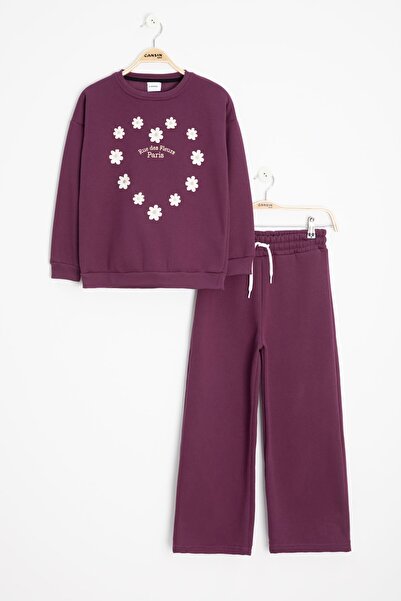 Cansın Mini Purple Floral Embroidered Fleece-Lined Girls Wide Leg Tracksuit Set 23347
