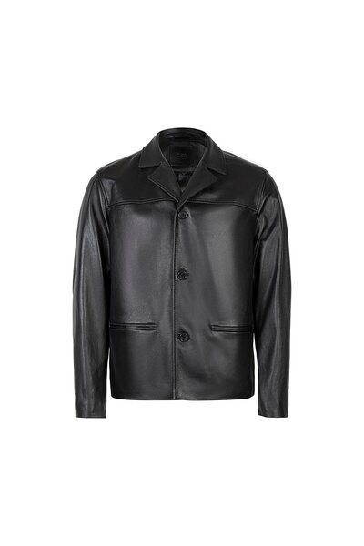 Desa Men's Black Shirt Collar Leather Blazer Jacket