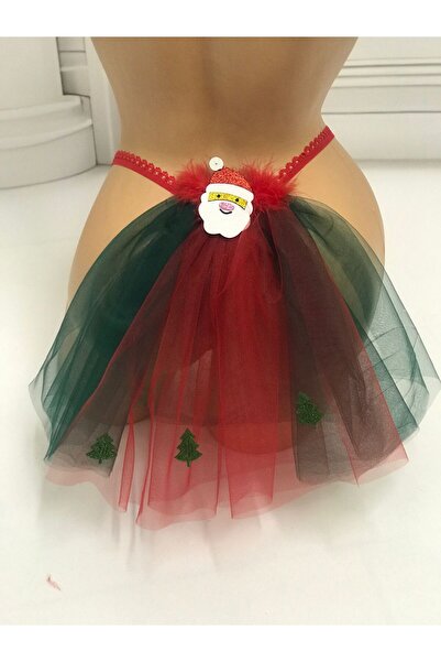 MadyaButik Christmas, New Year, Red Velvet Thong Model with Tulle Detail on the Back and Santa Claus Detail