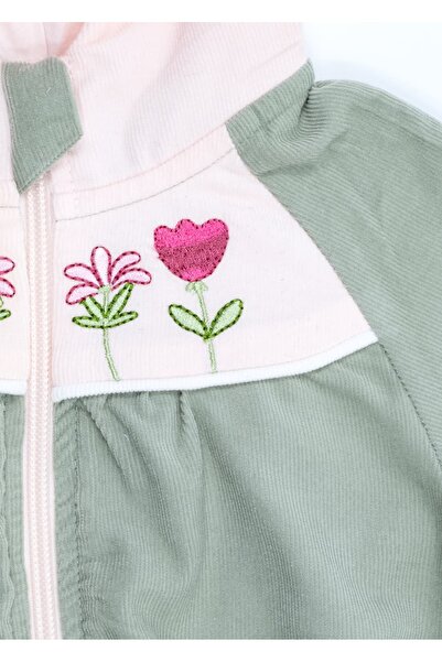 Ozmoz By Mukadder Özden Velvet Embroidered Hooded Green Winter Baby Girl Jacket