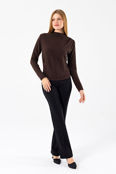 GİYSA Women's Mock Neck Side Ruched Detail Blouse Brown - 26101