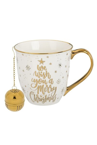 OEM Cană de Crăciun din os, albă cu margine și mâner aurii, „Crăciun fericit”...