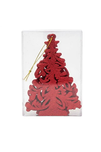 CADO Christmas Decorative Glittery Xmas Tree Shaped Hanging Ornaments With String- Red