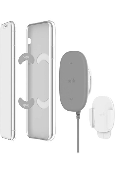 Moshi SnapTo Magnetic Fast Wireless Charger - 3M Wall Mount Kit & USB-C to USB-A 1.2m Cable, Gray