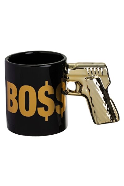 OEM Cană ceramică neagră „BO$$” cu mâner de pistol 3D, 350 ml