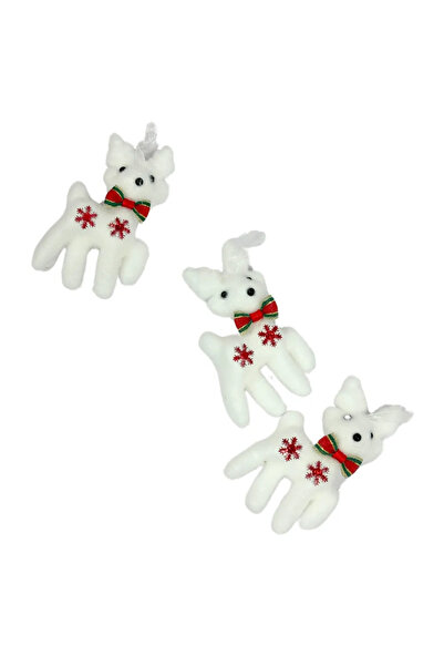 CADO Christmas Decorative 3pcs Fluffy Dog With Bow Hanging Ornaments For Xmas Tree- White