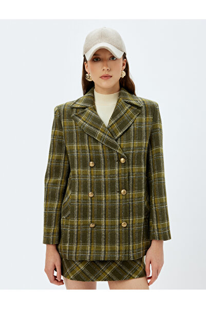 Koton Kostkovaný vzorovaný khaki dámský kabát - 5Wak00332Ew