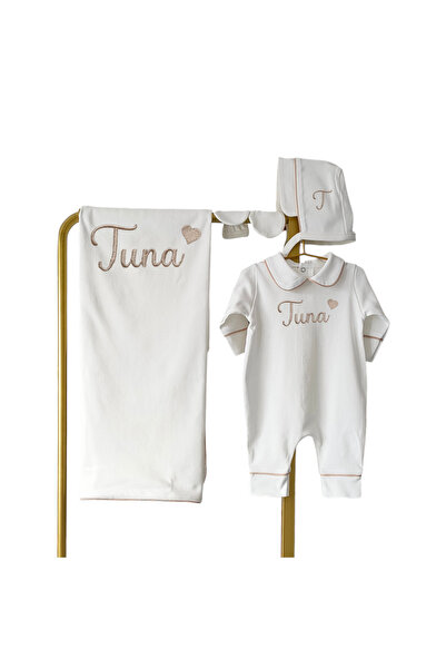 Mis Bebe Minik İnsanların Sarayı Combed Cotton Fabric Beige Piped Heart Patte...