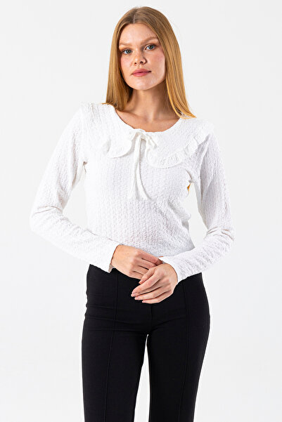 GİYSA Women's Collared Blouse with Tie Detail and Textured Fabric White - 26116