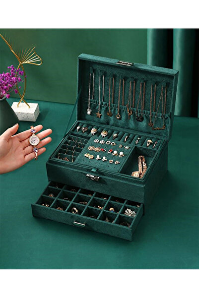 EHOME صندوق منظم للمجوهرات للنساء والفتيات، صندوق عرض مجوهرات من 3 طبقات ومنظ...