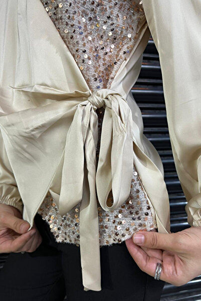 thesunfyre Women V-Neck Sleeve Elastic Semi-Paillette Side Tie Slim-Fit Satin Blouse