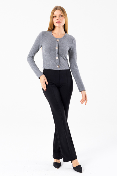 GİYSA Women's Crew Neck Sequin Button Detailed Blouse Gray - 2630