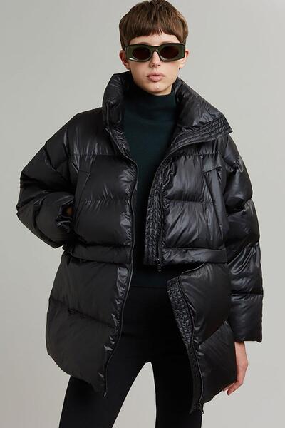 Madmext Black Oversized Double Zipper Shortenable Women's Coat Mg2606