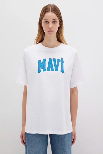 Mavi Women's Oversized Logo Printed White T-Shirt