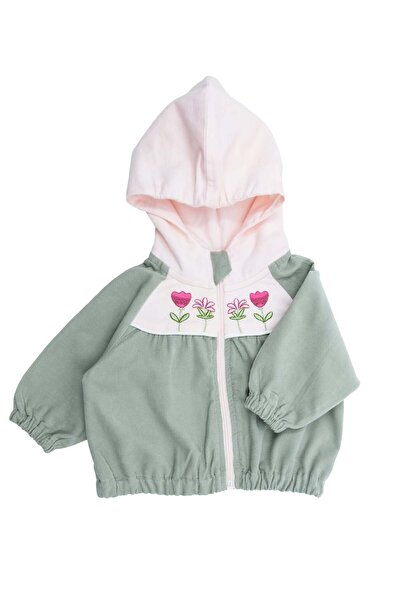 Ozmoz By Mukadder Özden Velvet Embroidered Hooded Green Winter Baby Girl Jacket