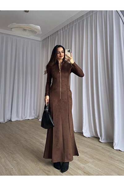 Mooi Butik MARLY Süet Elbise 8743 - Kahverengi